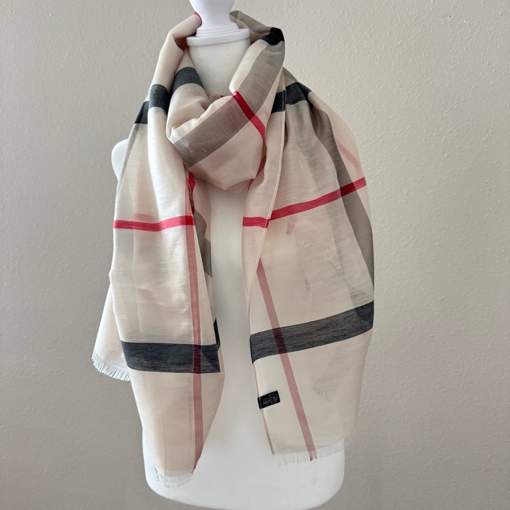 Elegant Plaid Scarf in Cream, Red, and Black